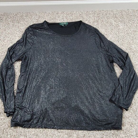 Lauren Ralph Lauren Shirt Womens 2X Black Shimmer Long Sleeve Blouse Top - Picture 2 of 9